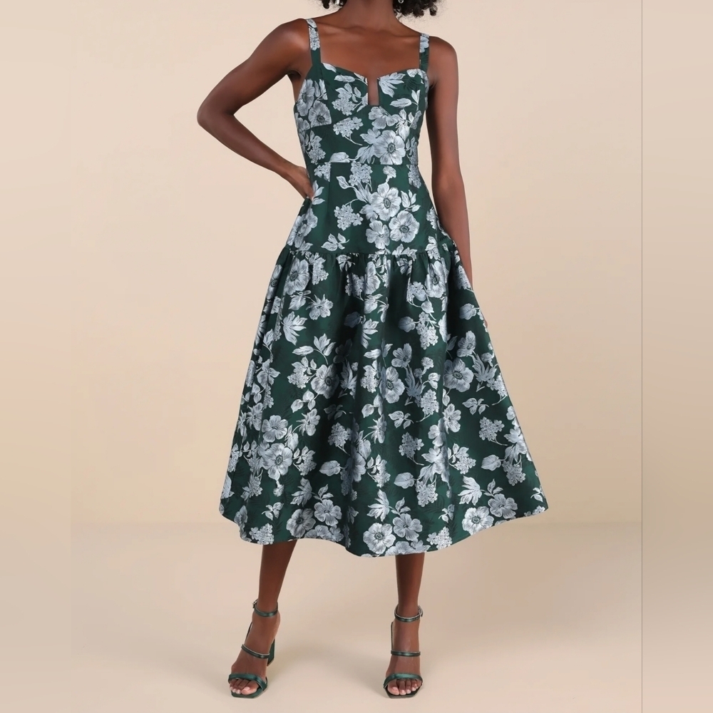 Lulu's Emerald Green Floral Midi Dress